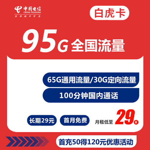电信白虎卡 29元65G通用 30G定向 100通话（参与活动长期29元）