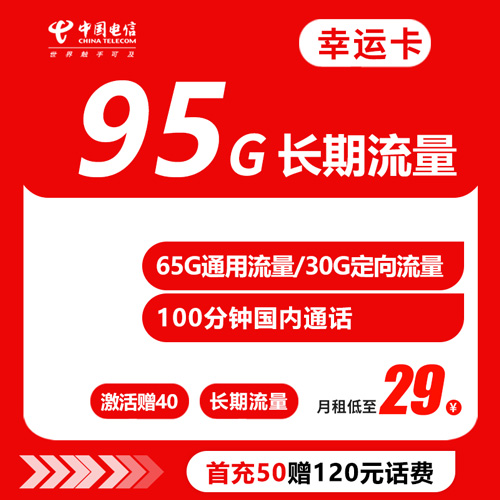 电信幸运卡 29元 95G 100分钟内 长期流量