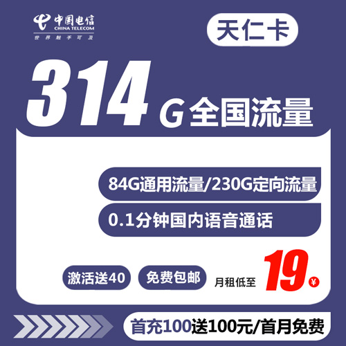 电信天仁卡 19元84G通用+230G定向【定向大流量】