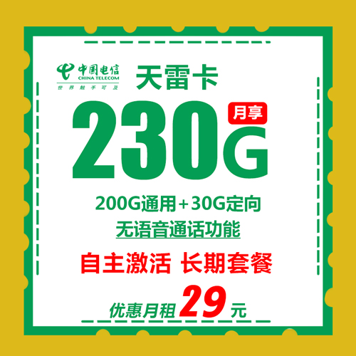 电信天雷卡 29包230G流量（无语音通话功能）自主激活 长期套餐