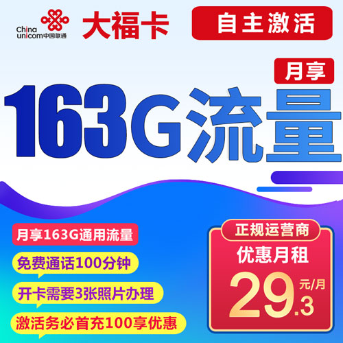 联通大福卡29.3元月租+163G通用流量+100分钟通话 【自主激活】