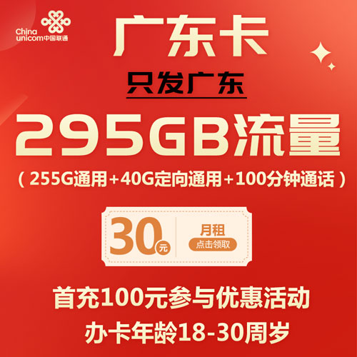 联通广东卡 30元295G流量+100分钟通话 只发广东