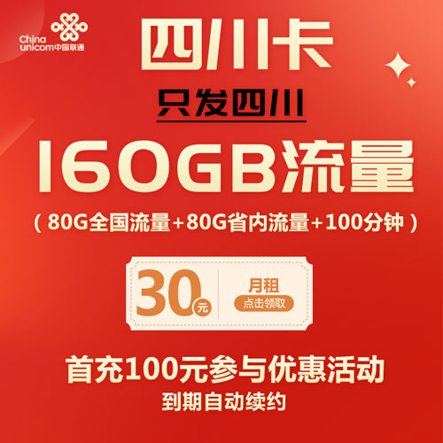 联通四川卡 30元160G流量+100分钟 只发四川【到期可续】