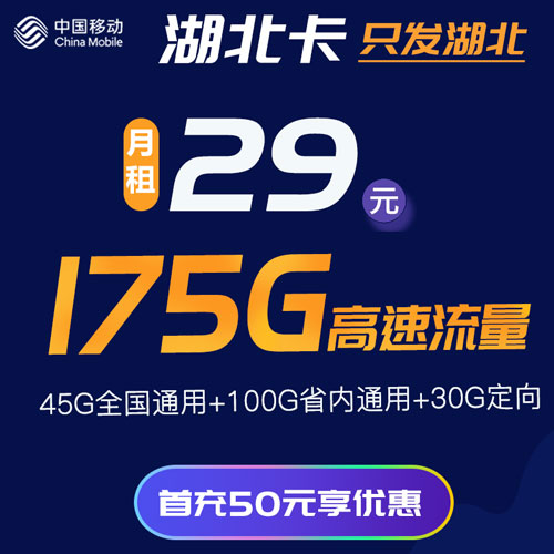 移动湖北卡 29元包45G全国通用+100G湖北省内通用+30G定向 仅发湖北