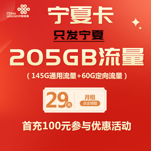 联通宁夏卡 29元包205G高速流量 仅发宁夏