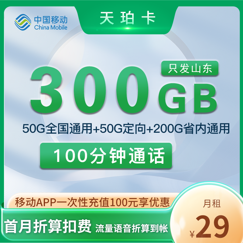 移动天珀卡 29元300G流量+100分钟 只发山东