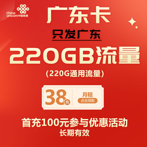 联通广东卡 38元220G通用流量 长期有效（仅发广东）