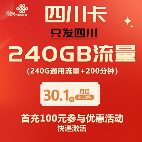 联通四川卡 30.1元240G通用+200分钟（仅发四川）
