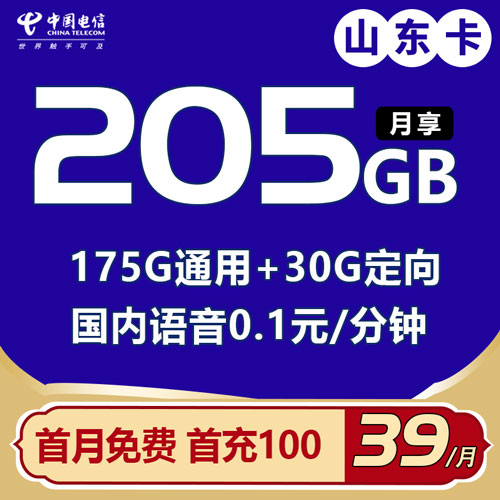 电信山东卡 39元205G流量 首月免费 只发山东