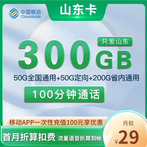 移动山东卡 29元300G流量+100分钟 只发山东