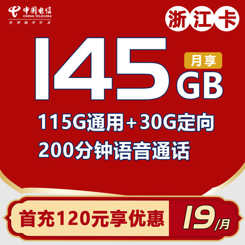 电信浙江卡19元包115G通用流量+30G定向流量+200分钟（仅发浙江）
