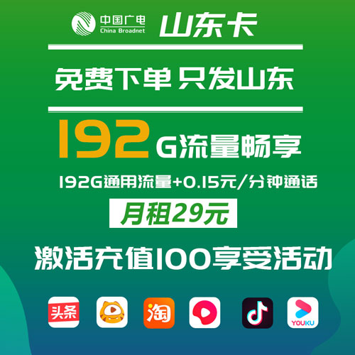 广电山东卡 29元192G通用流量（仅发山东）