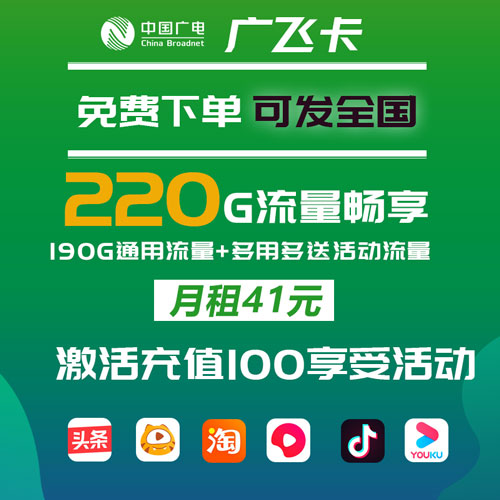 广电广飞卡 41元220G通用流量【首月免费】 全国可发
