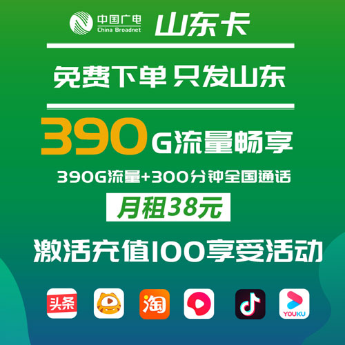 广电山东卡 38元包360G通用流量+30G定向流量+300分钟通话（仅发山东）