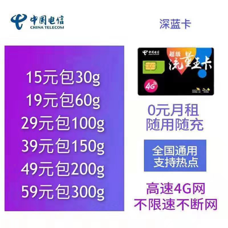 电信深蓝卡，全新5g卡板，支持5g网络，4g 网速10m ，代理政策好，最稳定的来