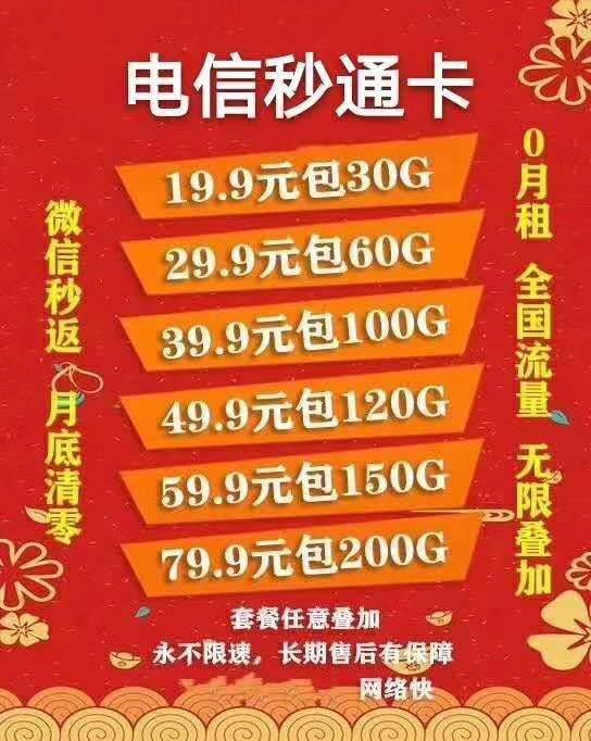 秒通电信流量卡，25张起批，高返利，支持一件代发！