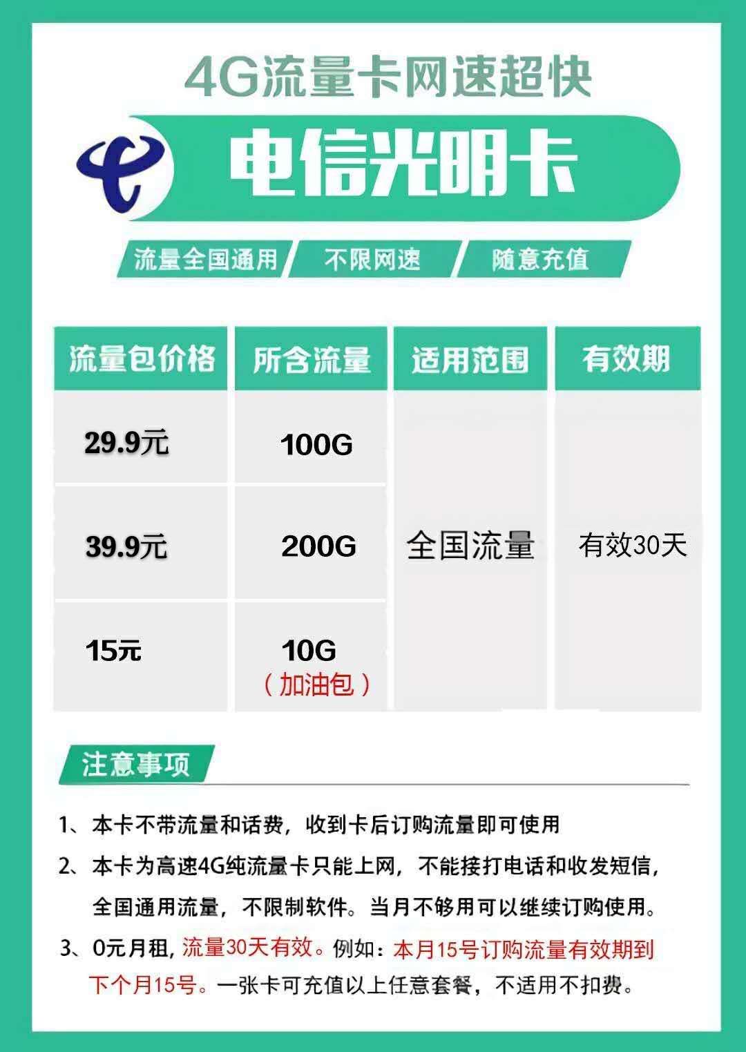 稳定电信卡，29.9包100
