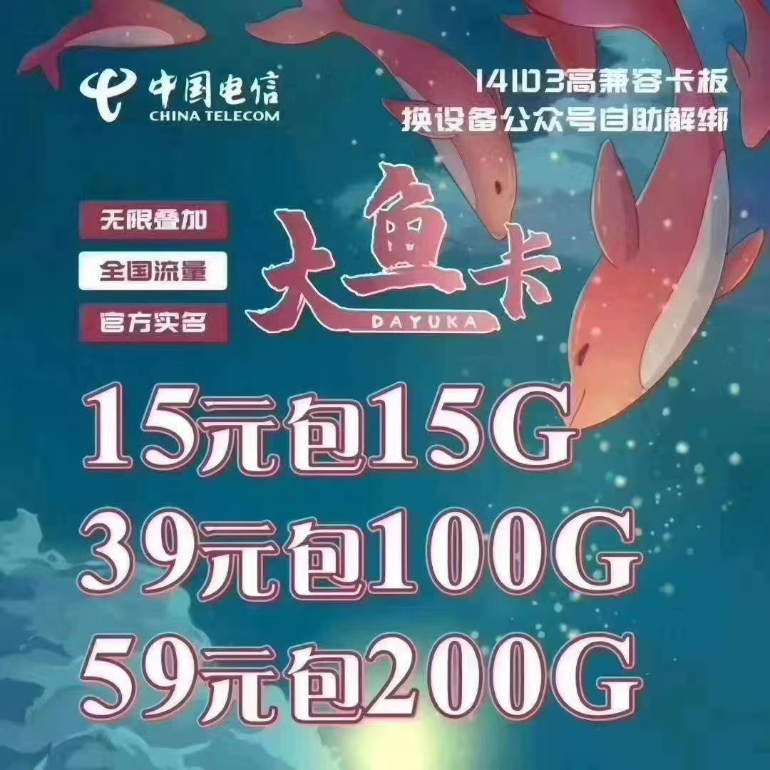 电信大鱼卡（4g卡板） 月底清零 当月可无限叠加套餐 无高价叠加包 