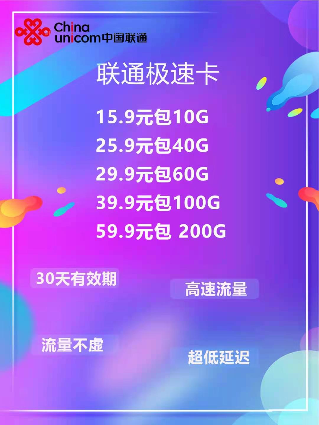 联通极速卡 30天有效期 虚量低至10% 高返点 全面兼容卡板1.5