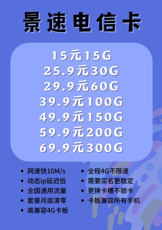 电信景速 动态ip不做限速 支持退转套餐 api来