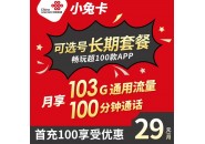 联通小兔卡 29元103GB通用+100分钟（长期套餐，可选号）